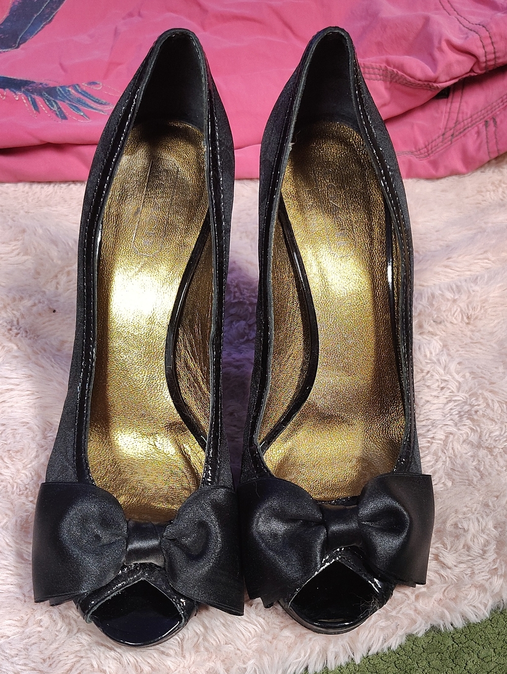 Coach Black Peep-Toe Heels with Satin Bow and Gold Insole